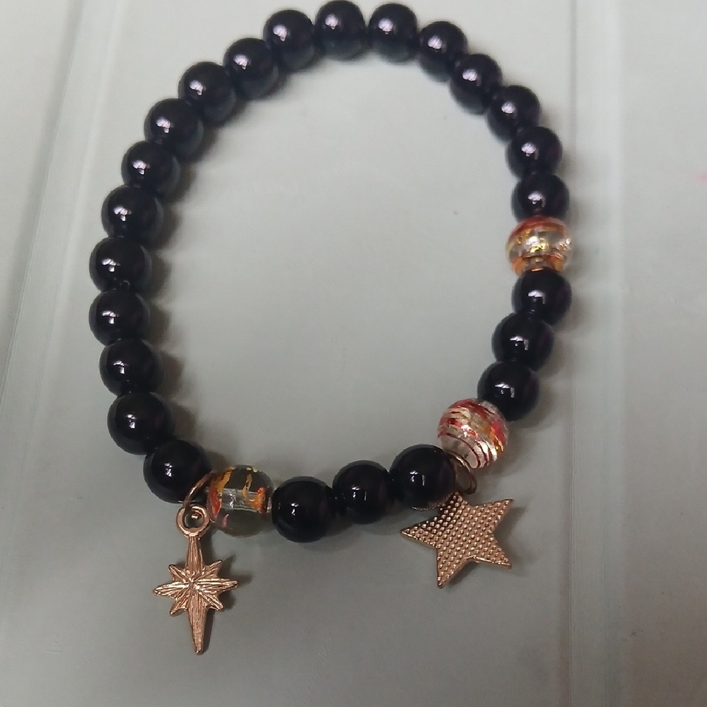 Black Beaded Bracelet with Gold Charms